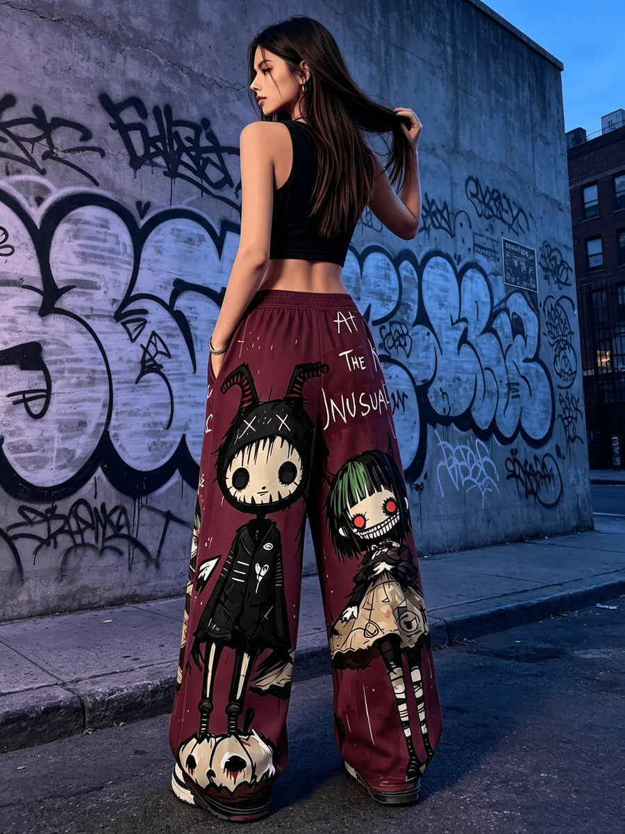 Women'S Digital Print Spring Summer Autumn Retro Horror Doll Cartoon Printed Women'S Trousers, Punk Y2K Subculture Loose Drapey Wide-Leg Pants - Burgundy
