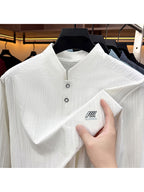 Men'S Henley Collar Vertical Stripe Stretch Long Sleeve T-Shirt - White