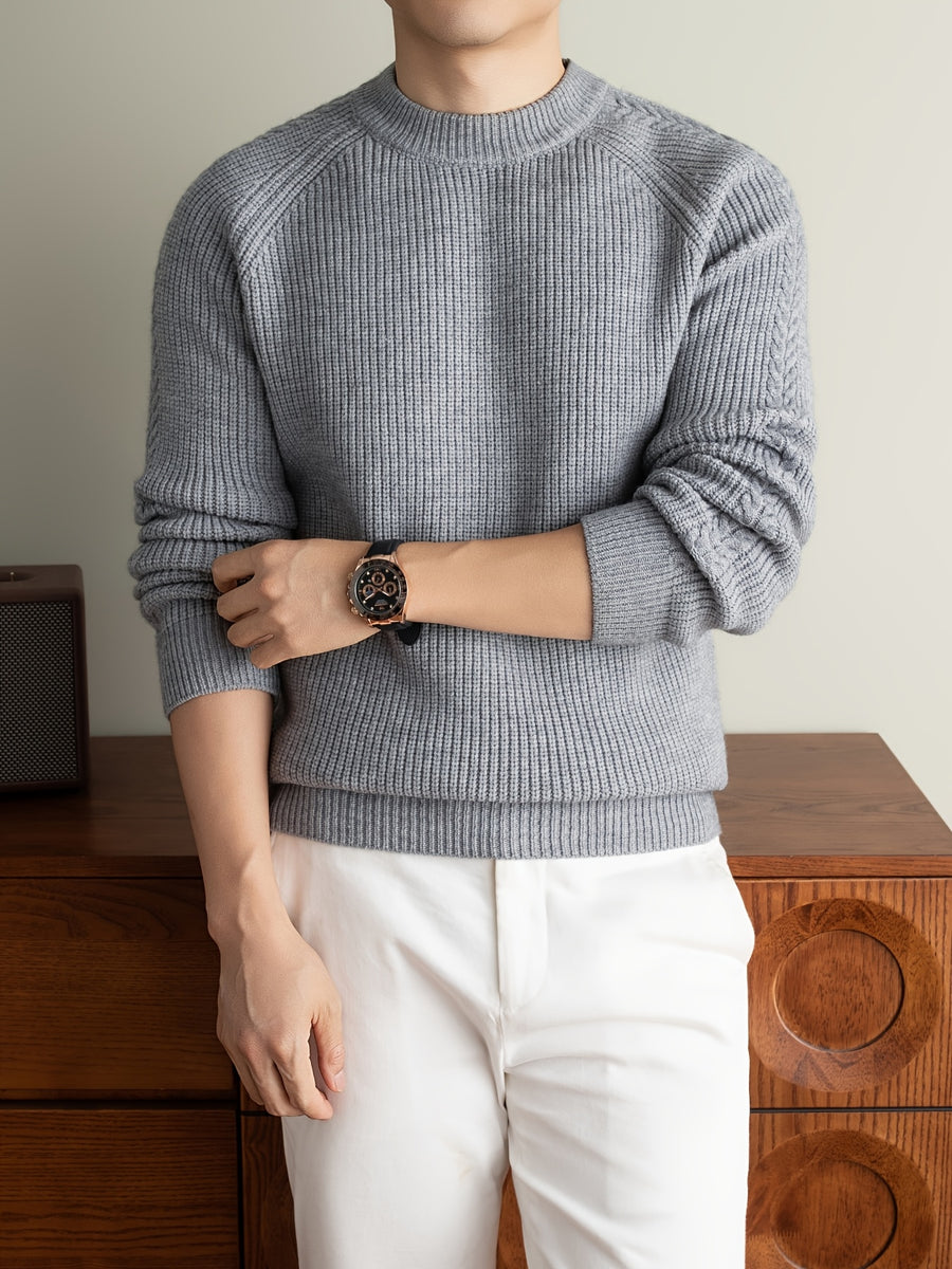 [Wading Whale OBM] 1pc Autumn/Winter New Thick Men'S Knit Pullover Sweater, Old Money Style Solid Checkered Ribbed Round Neck Long Sleeve Men'S Business Casual Fashion Sweater, Suitable for Spring, Autumn, Winter Layering Or Outerwear - Grey