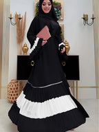 Ramadan 2025 Middle East Cross-border Women's Casual Color-block Pleated Muslim Abaya Open Cardigan - Black