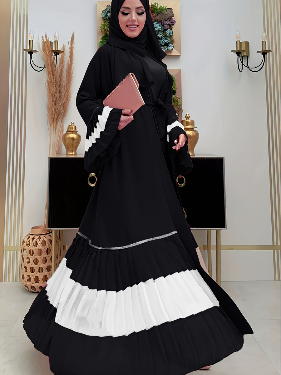 Ramadan 2025 Middle East Cross-border Women's Casual Color-block Pleated Muslim Abaya Open Cardigan - Black