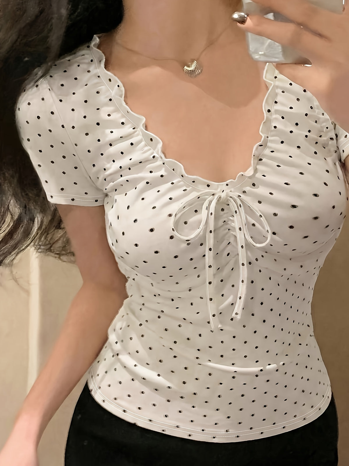 Women's Elegant Polka Dot Print Pleated V-Neck Sleeveless Casual Tank Top, Summer Style