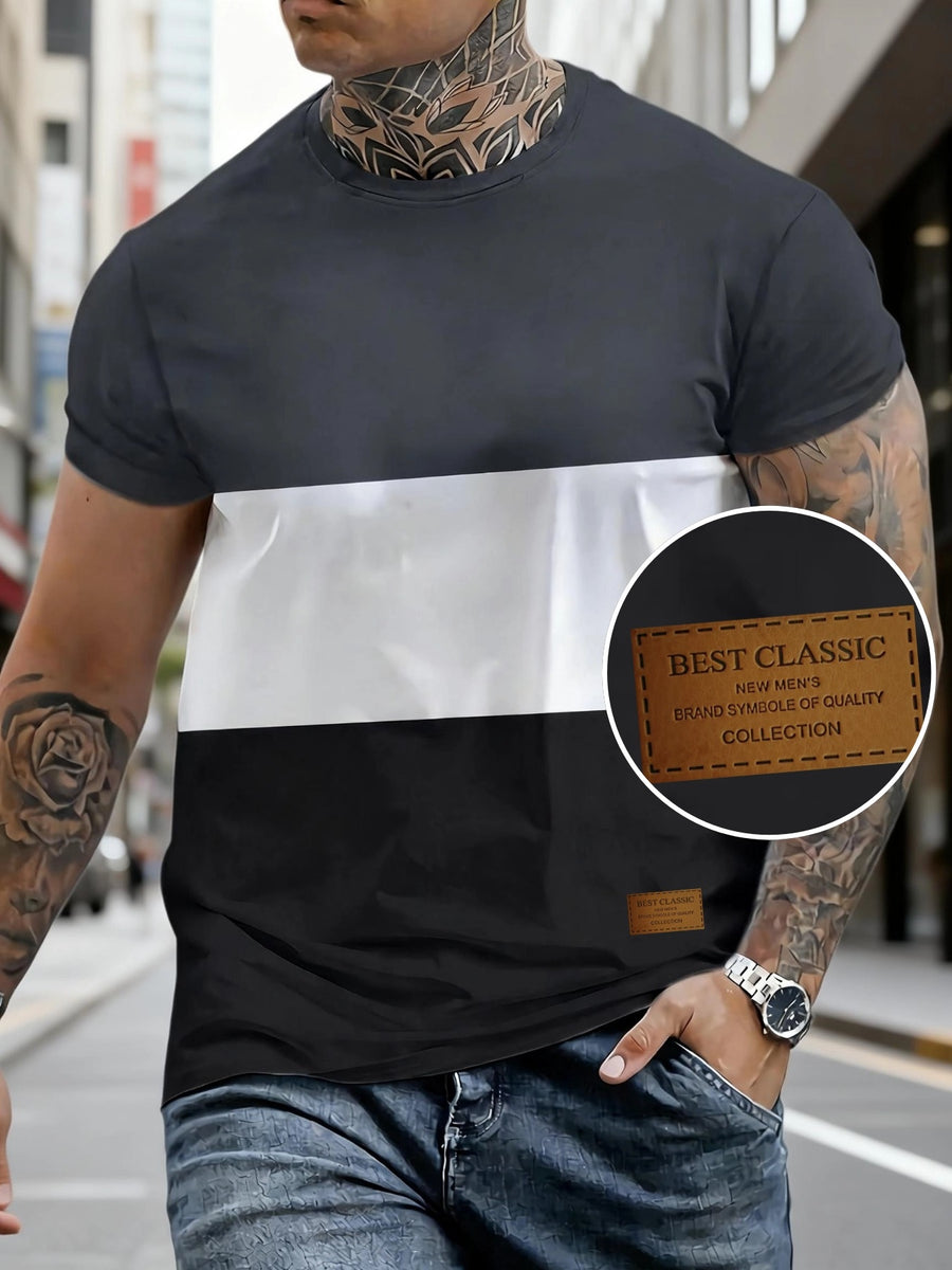 Men'S Short-Sleeve Top with a Three-Color Patchwork Design, Featuring a Logo. Manufactured by a Factory for All Seasons, This Comfortable And High-Quality Casual Sportswear Is Tailored for Men - Mixed Color 4