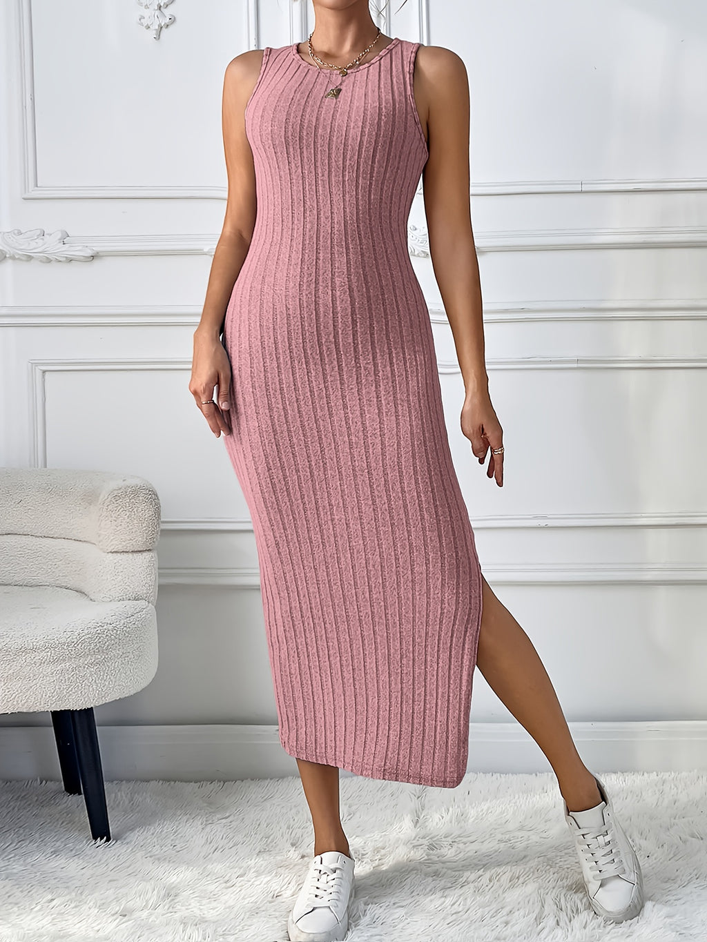 Chic + Long Sleeve Knitted Cardigan and Sleeveless Dress Set - Peach