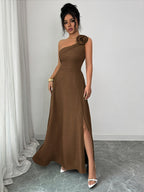 New Summer Women's Off-Shoulder Rose-Embellished Long Dress with Waist-Defining Slit, Elegant One-Shoulder Design, Mature Style for Dates and Banquets - Dark Brown