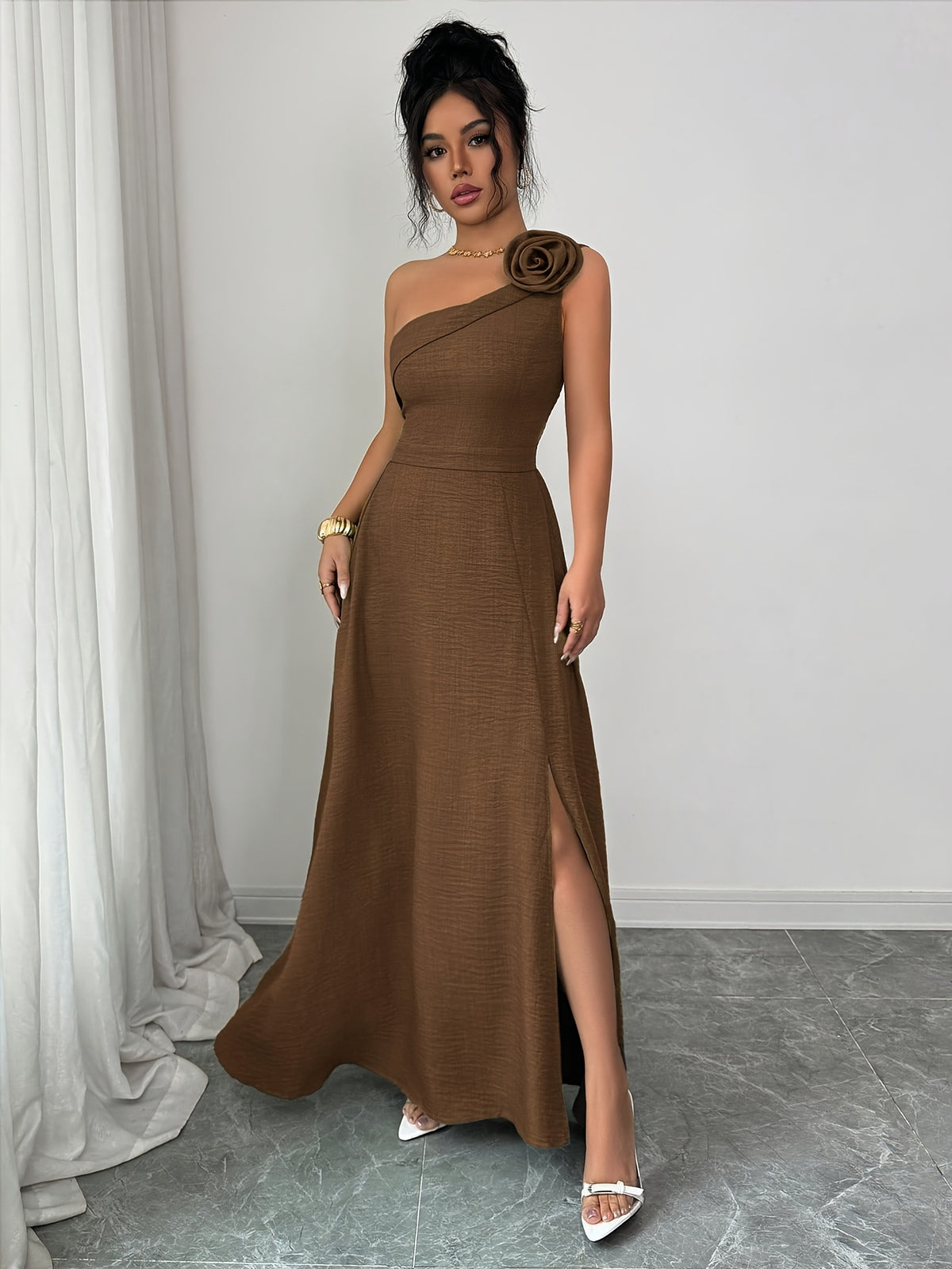 New Summer Women's Off-Shoulder Rose-Embellished Long Dress with Waist-Defining Slit, Elegant One-Shoulder Design, Mature Style for Dates and Banquets - Dark Brown