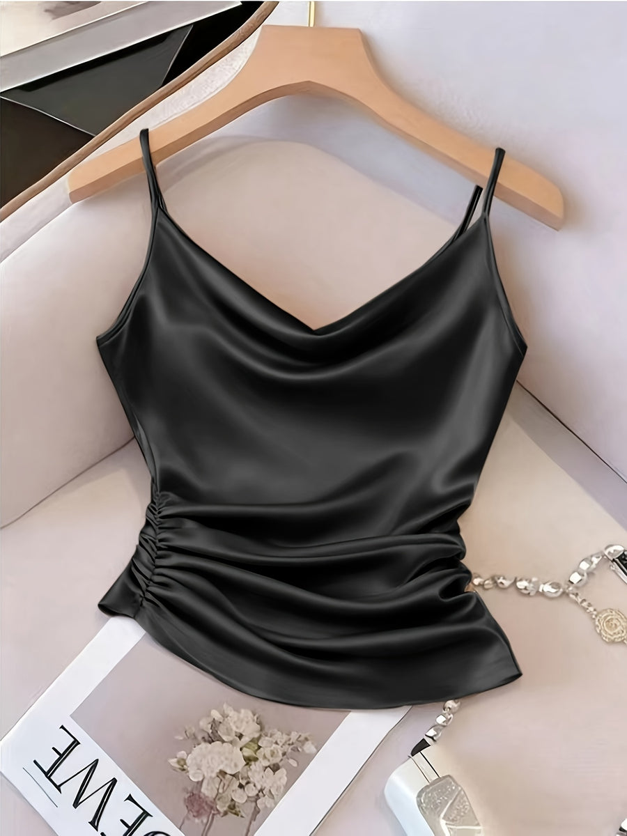 [Development WY260120078] Women's Satin Irregular Hem Side Gathers Daily Fashion Commuting Vacation Camisole Top - Black