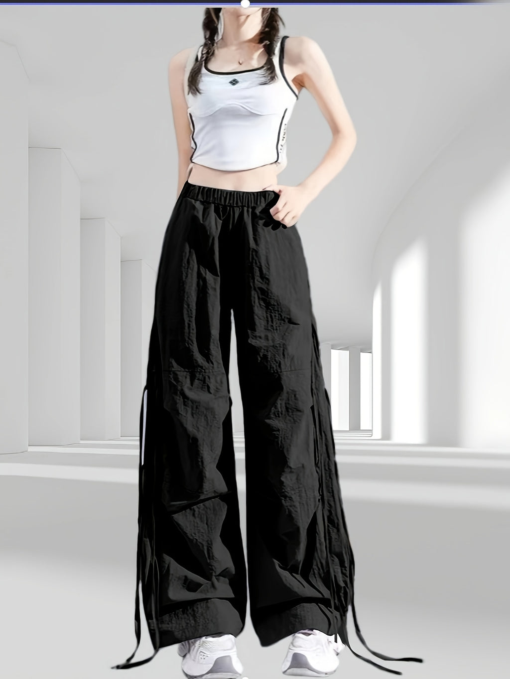 1039 Bow Tie Drawstring Quick-Dry Work Pants Women's Summer Thin American Casual Wide-Leg Parachute s Trousers - Black