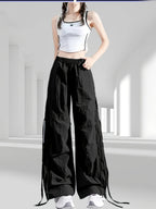 1039 Bow Tie Drawstring Quick-Dry Work Pants Women's Summer Thin American Casual Wide-Leg Parachute s Trousers - Black