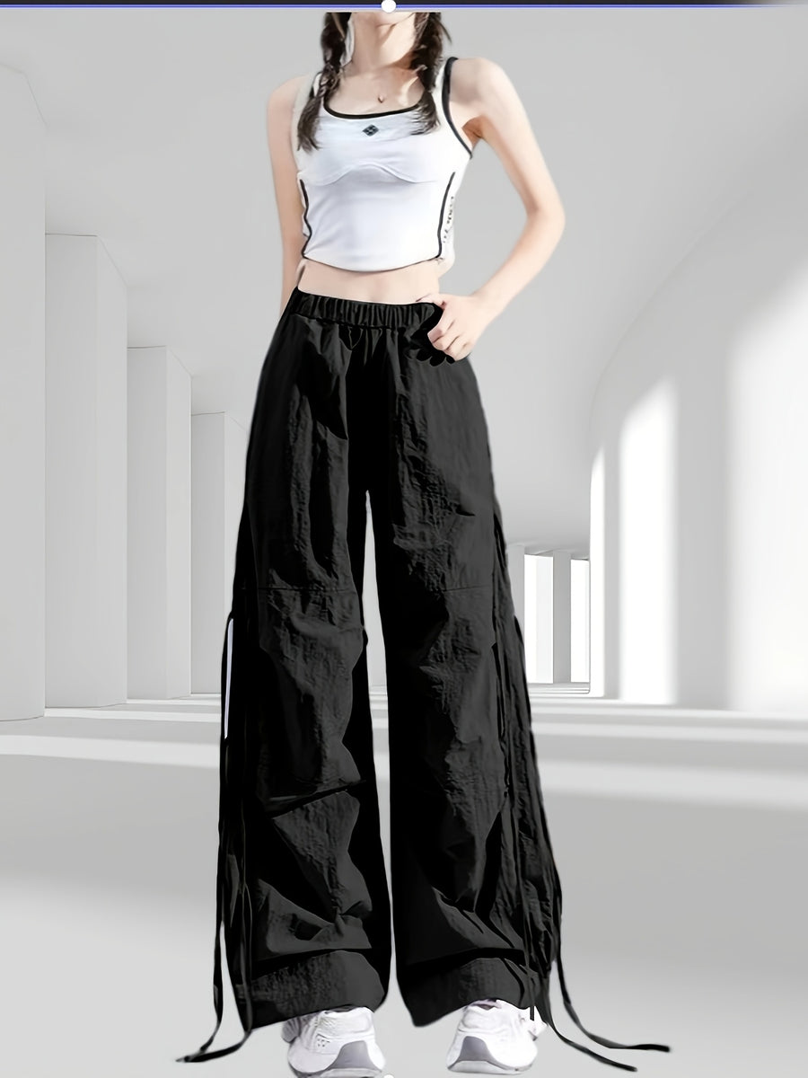 1039 Bow Tie Drawstring Quick-Dry Work Pants Women's Summer Thin American Casual Wide-Leg Parachute s Trousers - Black