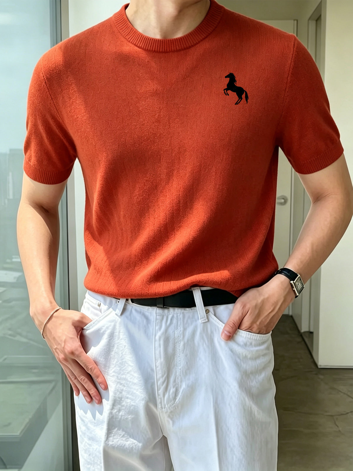 Men's Crew Neck Short Sleeve Knit Shirt with Galloping Horse Silhouette Print, Slim Fit Thin Top - Brick Red