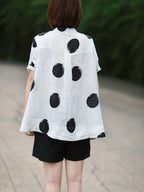 Women'S Vintage Polka Dot Print Shirt - Short Sleeve, Stand Collar, Button-Up Top with Asymmetrical Hem, Black & Orange, Casual Summer Blouse for Adults, Casual Summer Wear | Vintage Style Shirt | Nonstretch Fabric - Milky