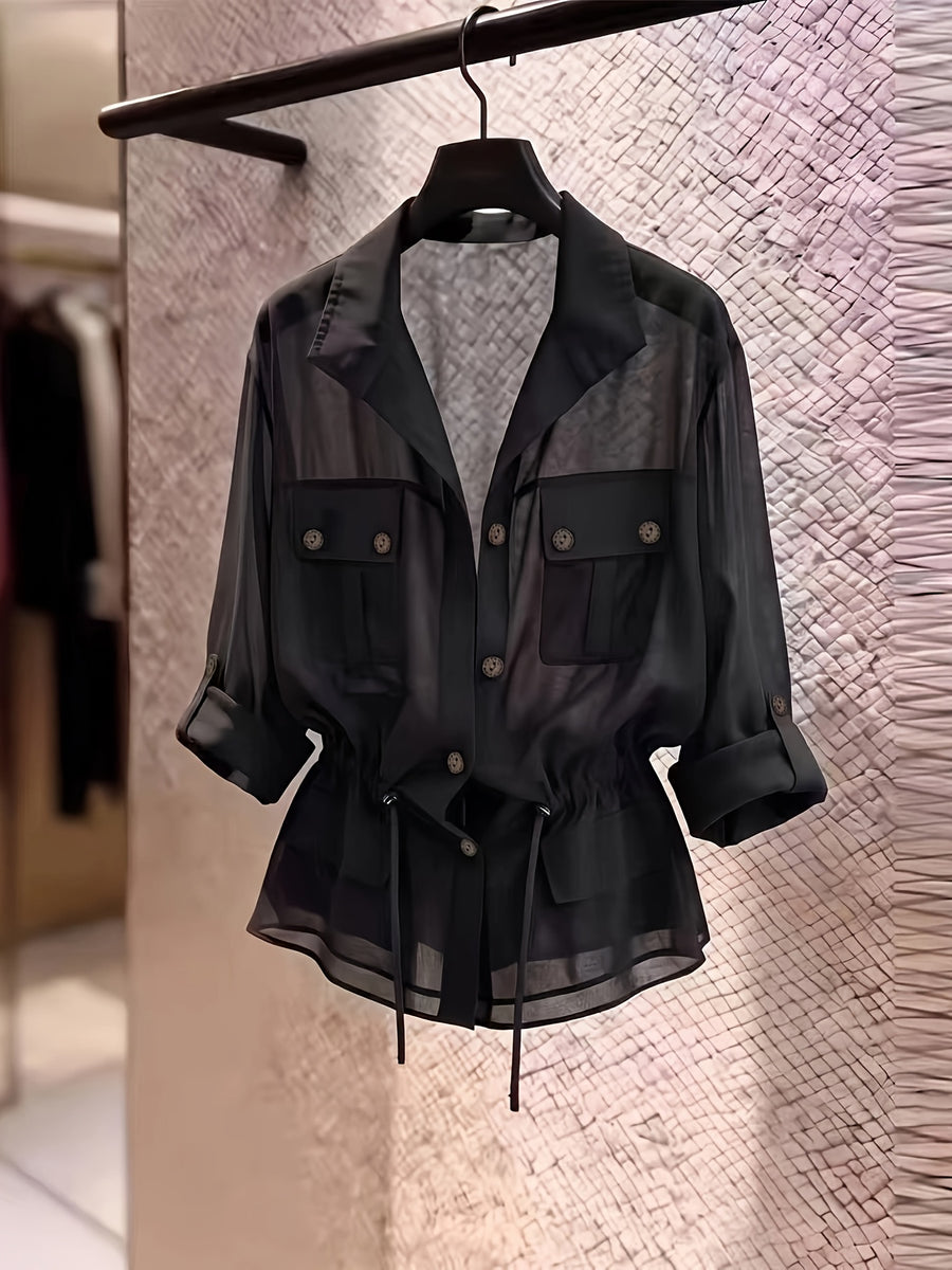 Drawstring Waist Chiffon Shirt, Lapel Collar with Cargo Pockets - Black