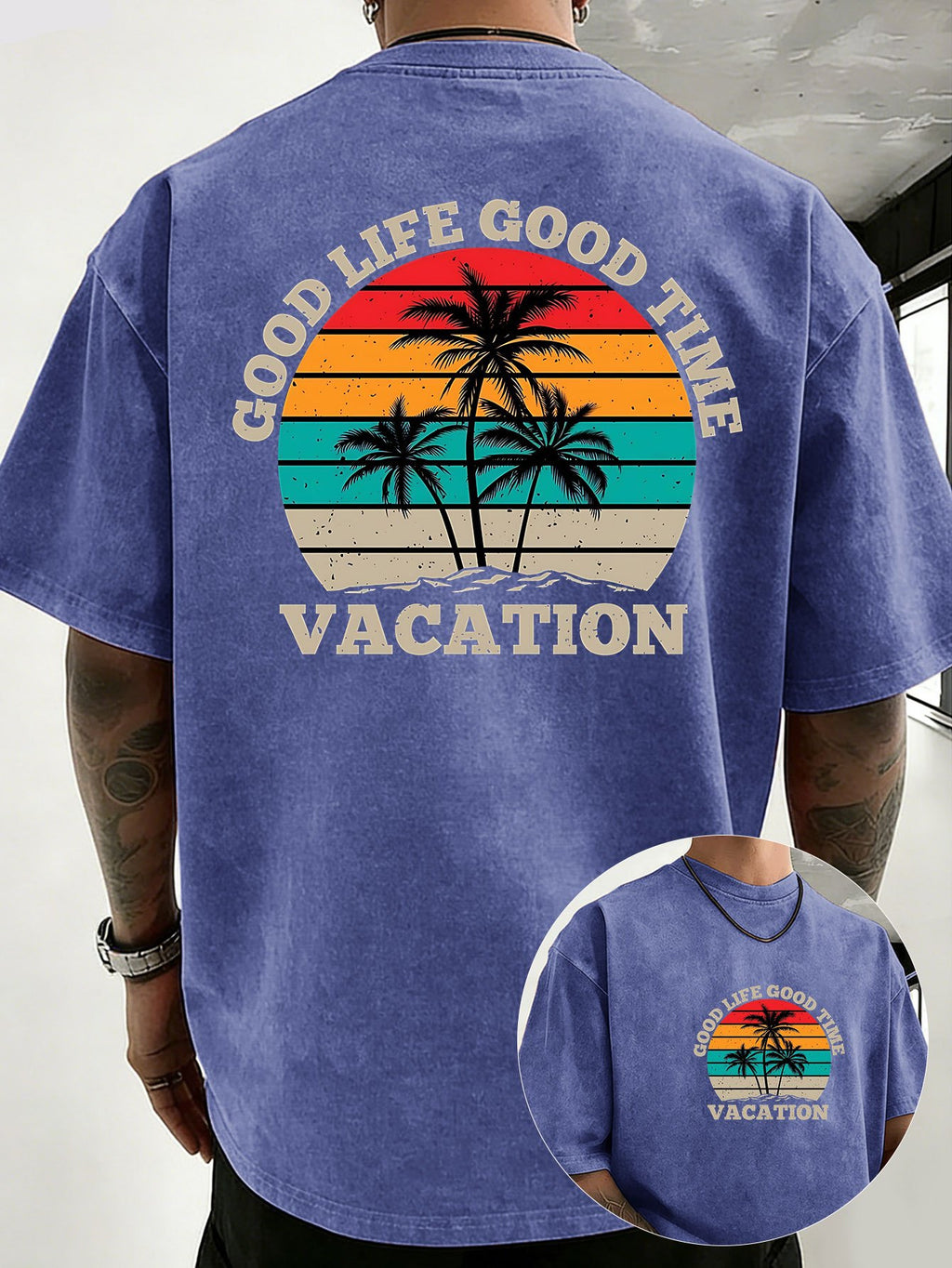 Loose Short Sleeve T-Shirt Men'S Heavyweight Pure Washed Distressed Top Trendy Double-Sided Print 12 Colors Free to Match Street Hip-Hop Style Casual Outing Sports Fitness Commuting Couple Style American Street Short Sleeve - Royal Blue