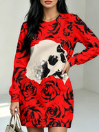 Women's Gothic Full-Body Print Dress with Skull & Red Roses - Long Sleeve A-Line Dress Suitable for Commuting, Home, Dating | Crew Neck Straight Hem Tunic Dress for Fall/Winter, Casual to Dressy Outfits - Multicolor
