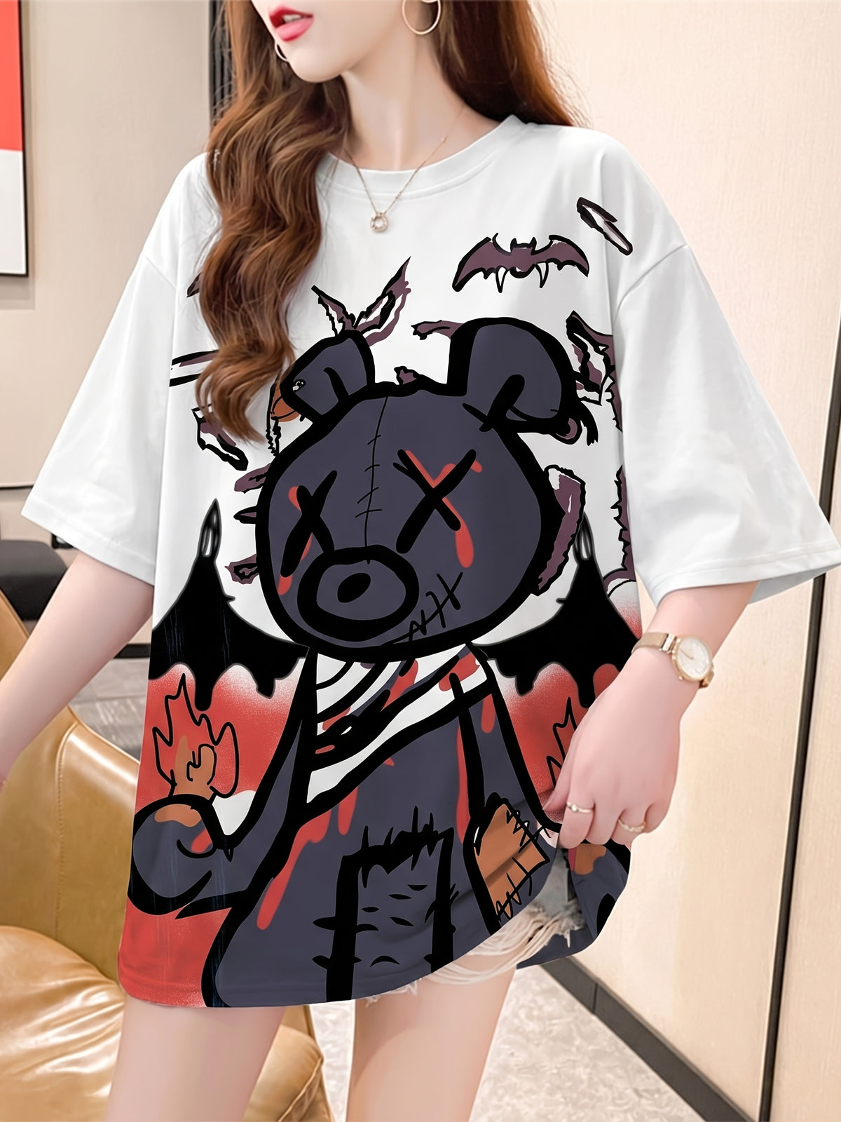 New Summer Collection of Plus-Size Loose-Fitting Stylish Cartoon Print Women'S Mid-Length Short-Sleeve T-Shirts - K54-W