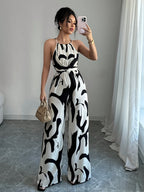 Fashion Women'S Printed Fabric Ruffled Jumpsuit, with Halter Neck, Elegant for Holiday And Daily Wear - Mixed colors
