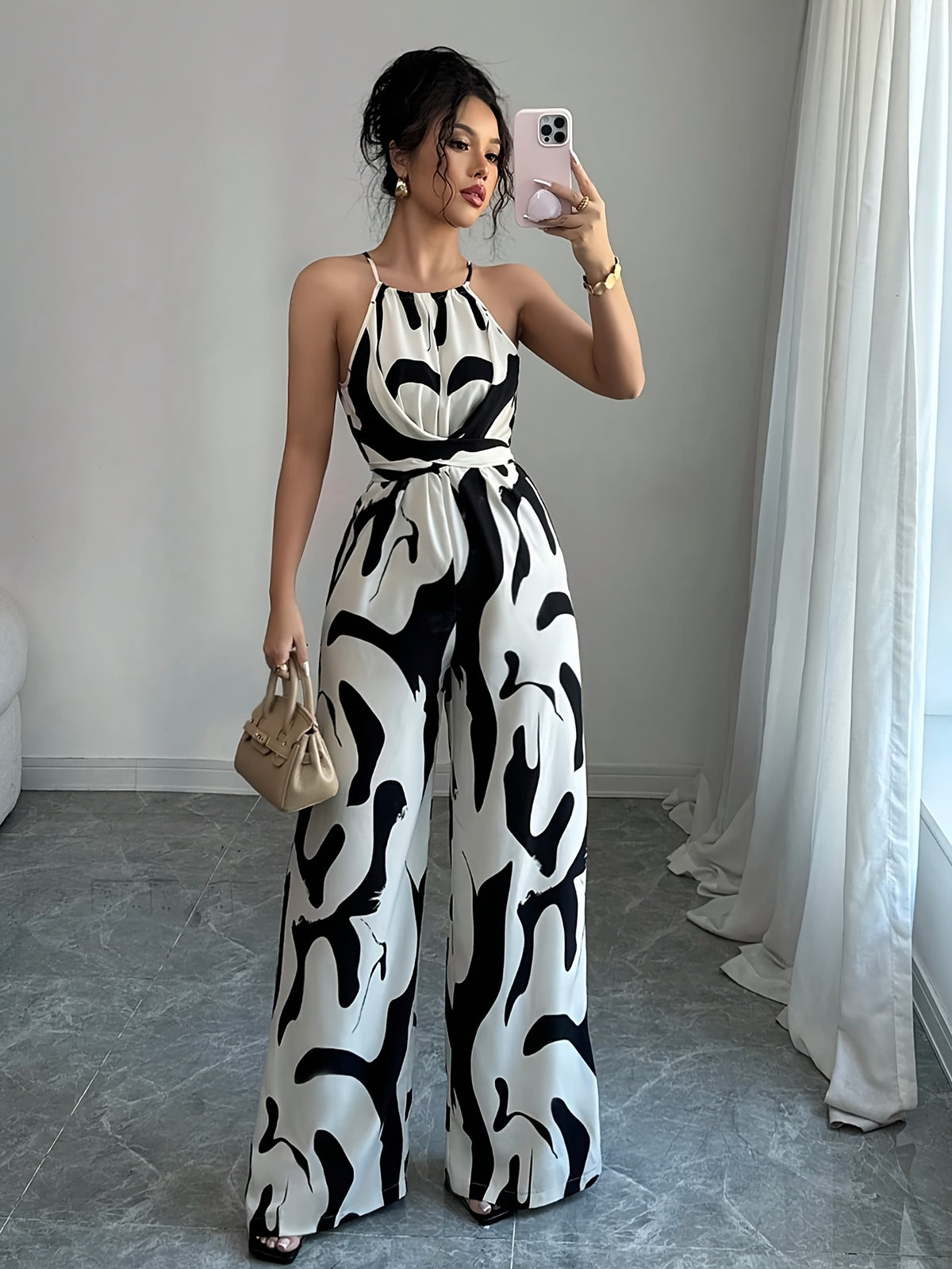 Fashion Women'S Printed Fabric Ruffled Jumpsuit, with Halter Neck, Elegant for Holiday And Daily Wear - Mixed colors