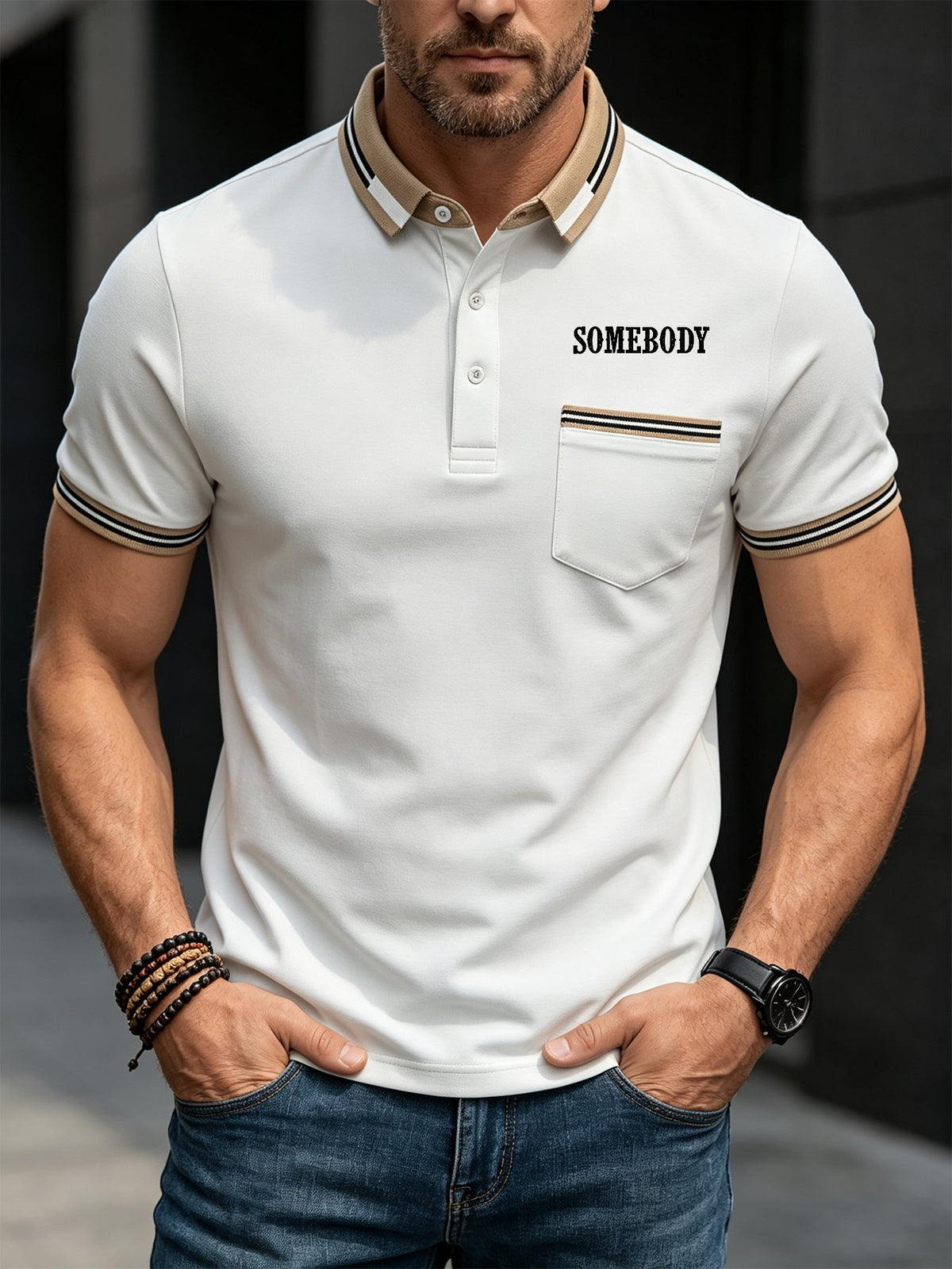 Men'S Fashion Casual Polo Shirt Short Sleeve with Chest Pocket Striped Collar Cuff Design Trendy Street Style for Adults Men Daily Wear - White