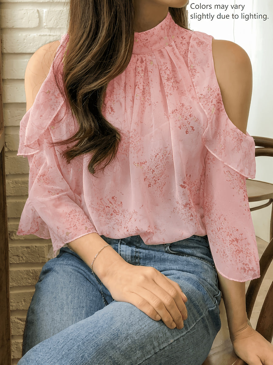 Spring Summer New Women'S Fashion Floral Fresh Style Off-Shoulder Long Sleeve Top - Peach