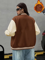 Women'S Baseball Jacket, Loose Casual Color-Blocked Coat, Letter Print Top For, Versatile Cardigan for Spring And Autumn in Korean Style - Dark Brown