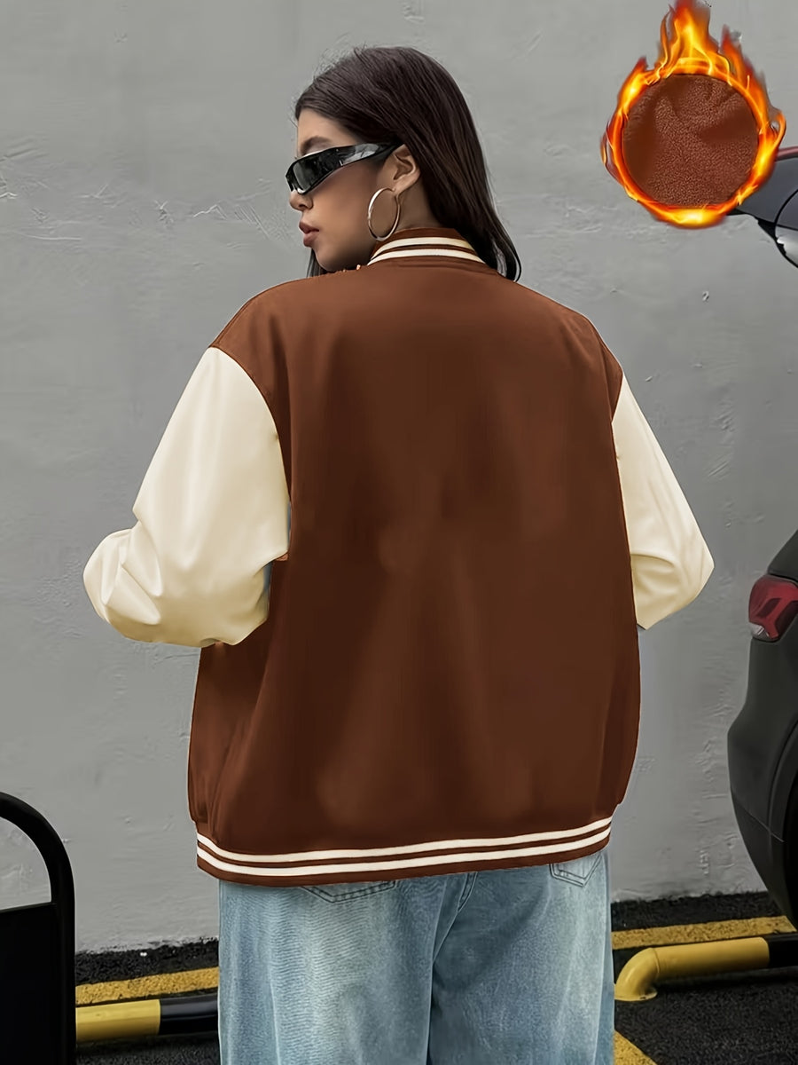 Women'S Baseball Jacket, Loose Casual Color-Blocked Coat, Letter Print Top For, Versatile Cardigan for Spring And Autumn in Korean Style - Dark Brown