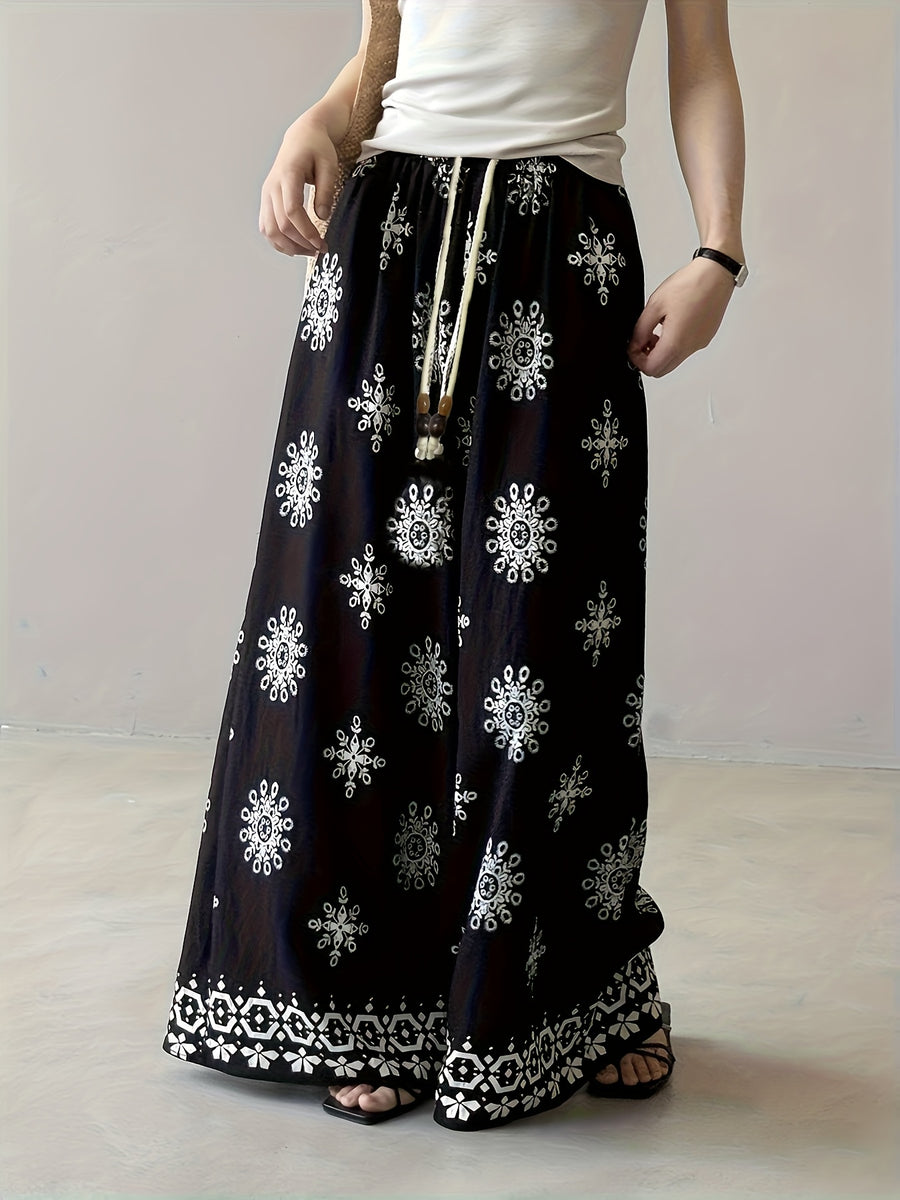 Bohemian Retro Print Drawstring Wide-Leg Pants Women'S Summer Thin Straight Drape Loose Casual Pants Summer Thin Print Casual Pants Women'S 2025 New Loose Lazy Style Breathable Ice Fiber Fabric Pants - Black