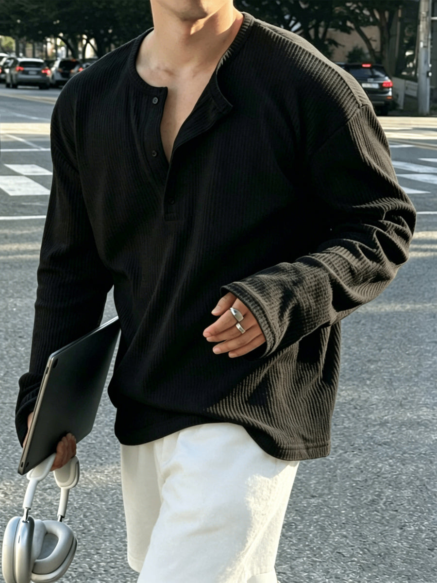Vertical Stripe Textured Henley Collar Long Sleeve Men's Autumn Casual Loose Premium T-Shirt, Minimalist Solid Color Men's Casual Daily Top - Black