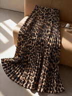 Cherry Light Mature Style Leopard Print Pleated Skirt High Waist Elastic Waist Drape Large Swing Long Skirt Midi Skirt - Coffee Brown