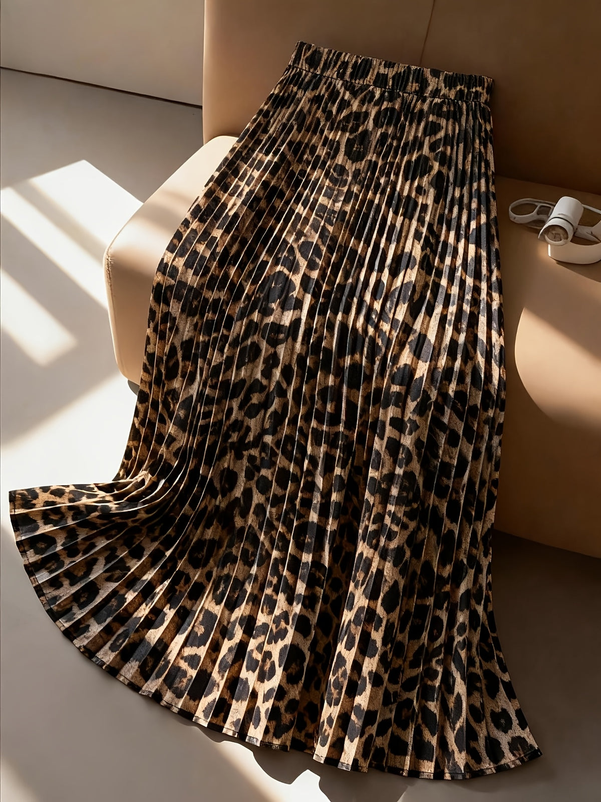 Cherry Light Mature Style Leopard Print Pleated Skirt High Waist Elastic Waist Drape Large Swing Long Skirt Midi Skirt - Coffee Brown