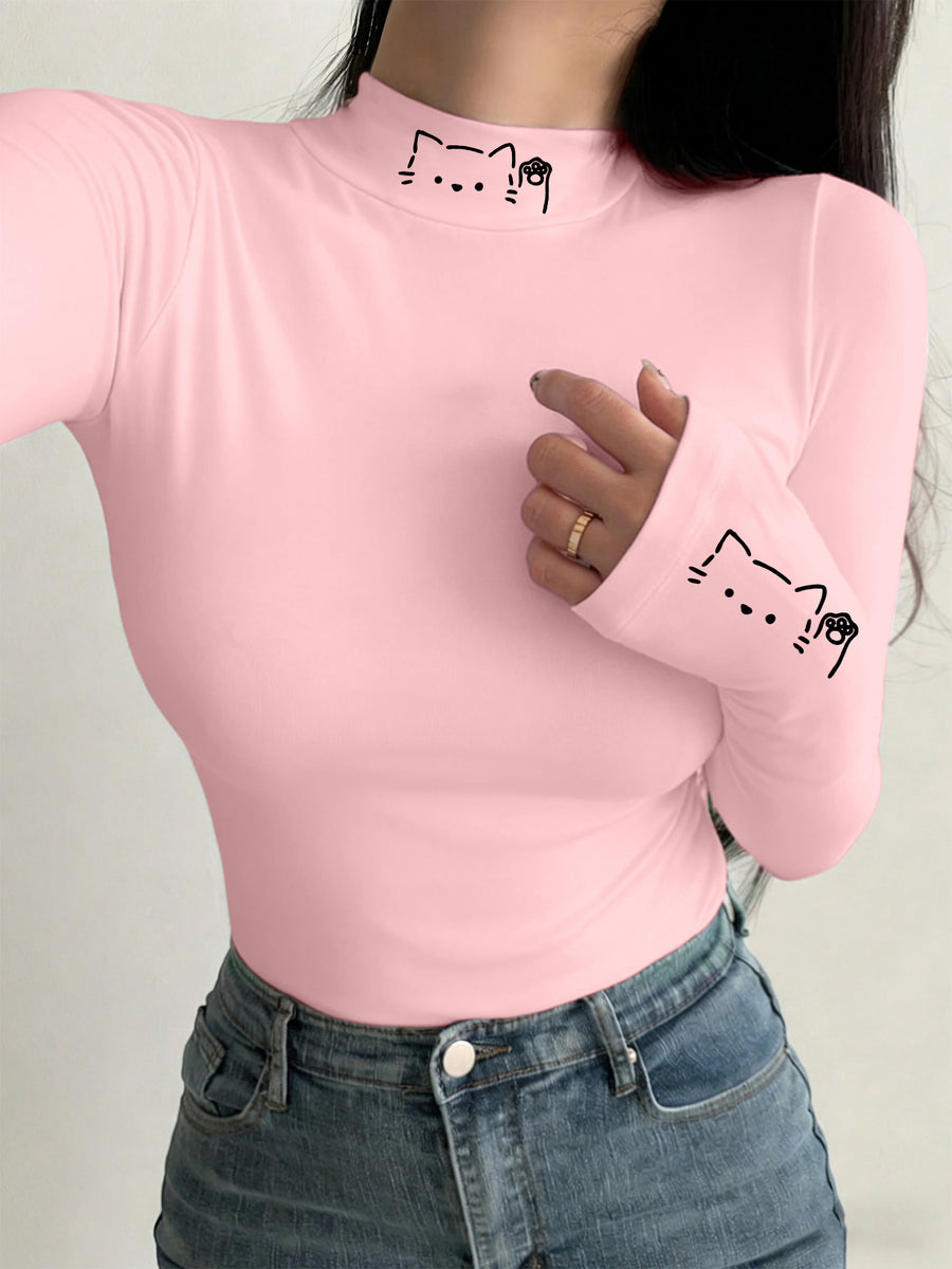 Y2K Niche Hand-painted Cat Print High-neck T-shirt, Simple Line Art Style, Fit, Sexy Long-sleeve Base Layer Top - pink color