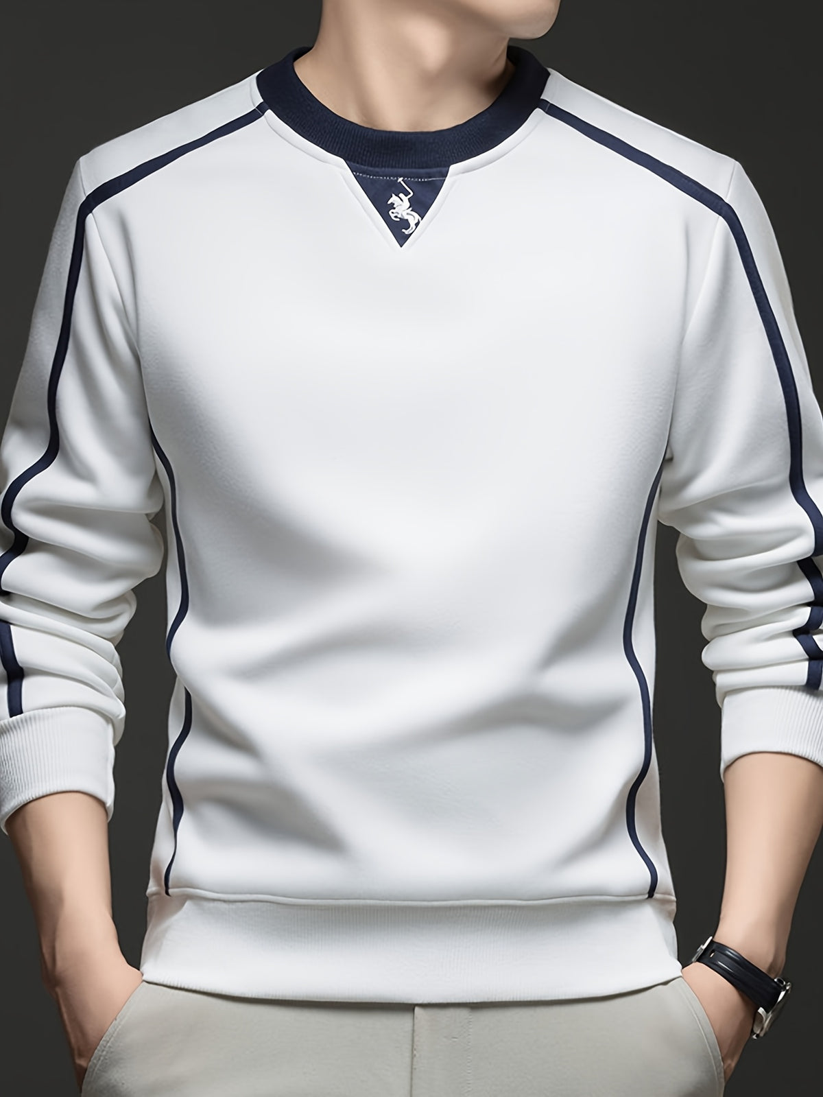 Autumn/Winter Regular Style Comfortable and Warm Men's Crew Neck Long Sleeve Sweatshirt, Versatile for Daily Wear - SINBOS - White