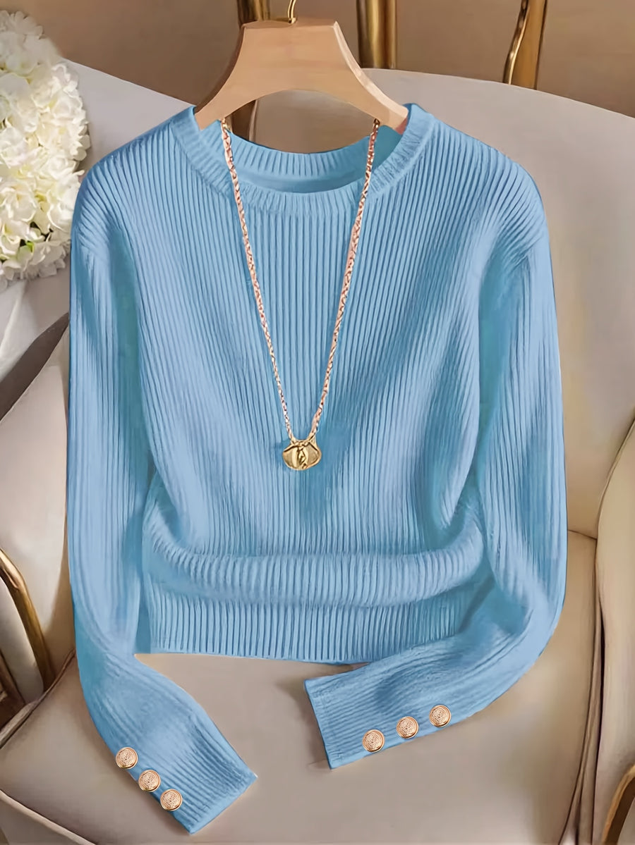Women'S Fashion Slim Fit Crew Neck Fake Button Long Sleeve T-Shirt - Sky Blue