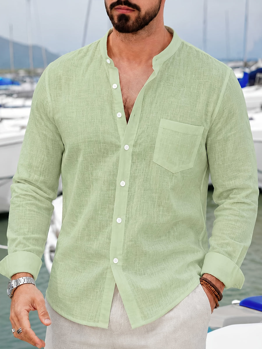 Pc of 2 Mens Plain Long Sleeve Button Shirts with Mandarin Collar & Distinct Chest Pocket, Lightweight Airy Sweat-Wicking Casual Tops, Versatile for Office Work, Holidays, Daily Outings & Home Regular Fit Spring Summer Office Work Holiday - Light Pink+Light Green