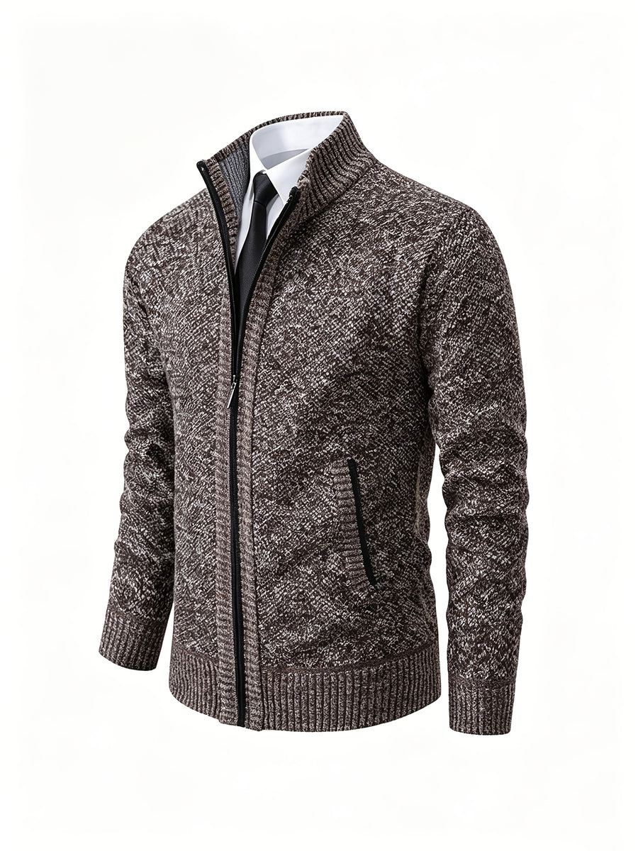 Men's Stand Collar Zip Up Knitted Cardigan Jacket, Casual Business Long Sleeve Sweater Coat with Pockets, Fall Winter Thick Warm Knit Outerwear for Men - Khaki