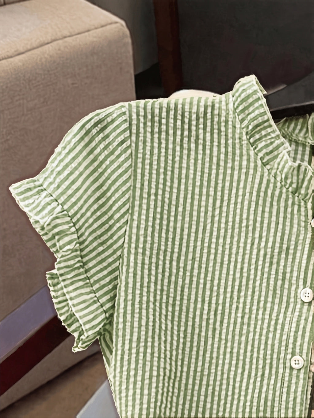 Women's Ruffle Collar Short Sleeve Single-Breasted Striped Shirt, Summer - Army Green