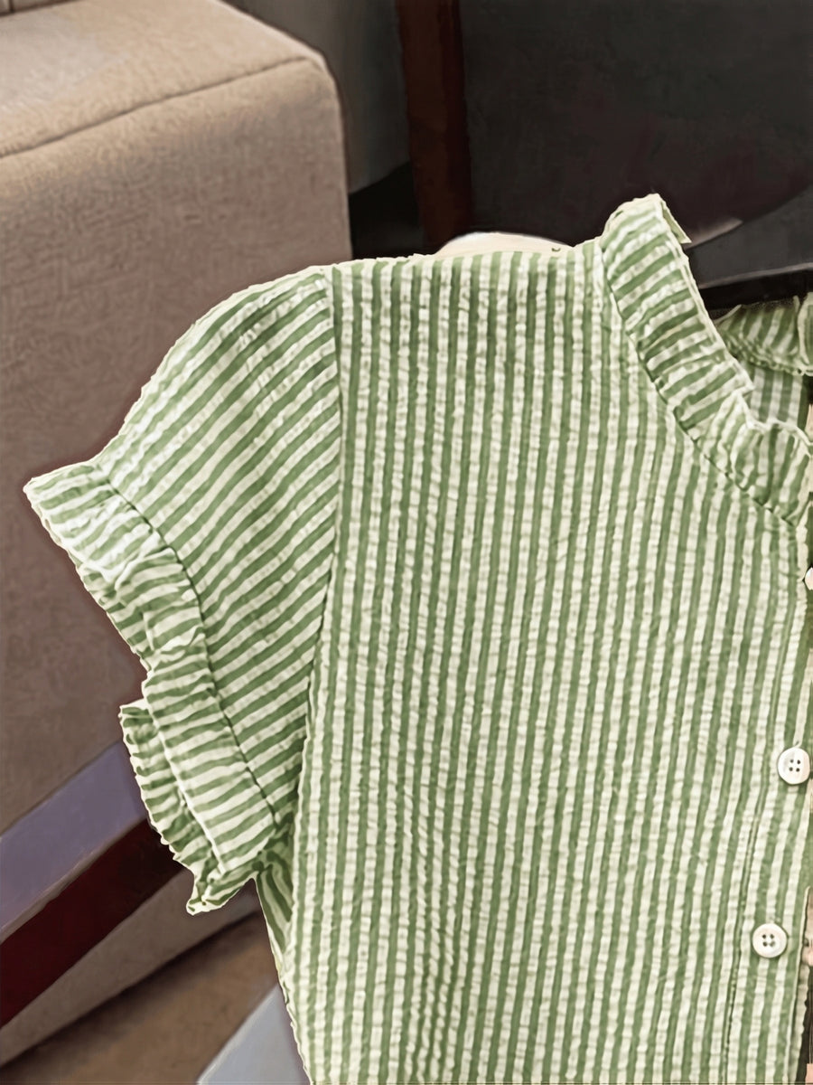 Women's Ruffle Collar Short Sleeve Single-Breasted Striped Shirt, Summer - Army Green