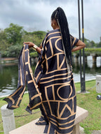 Elegant Black and White Geometric Print Maxi Dress with Batwing Sleeves - Traditional Attire for Women, Perfect for Spring/Summer, Versatile Clothing | Geometric Print Dress | Detailed Applique, Maxi Dress - Coffee Brown