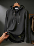 [Villa Le Water OBM] BOWZ Men'S Fashion Hoodie, Small Checkered Jacquard Texture Hooded Sweatshirt, Long Sleeve Henley Half-Button Placket with Black Drawstring Hood, Personalized Patchwork Hem, Slightly Loose Curved Hem Fit - Black