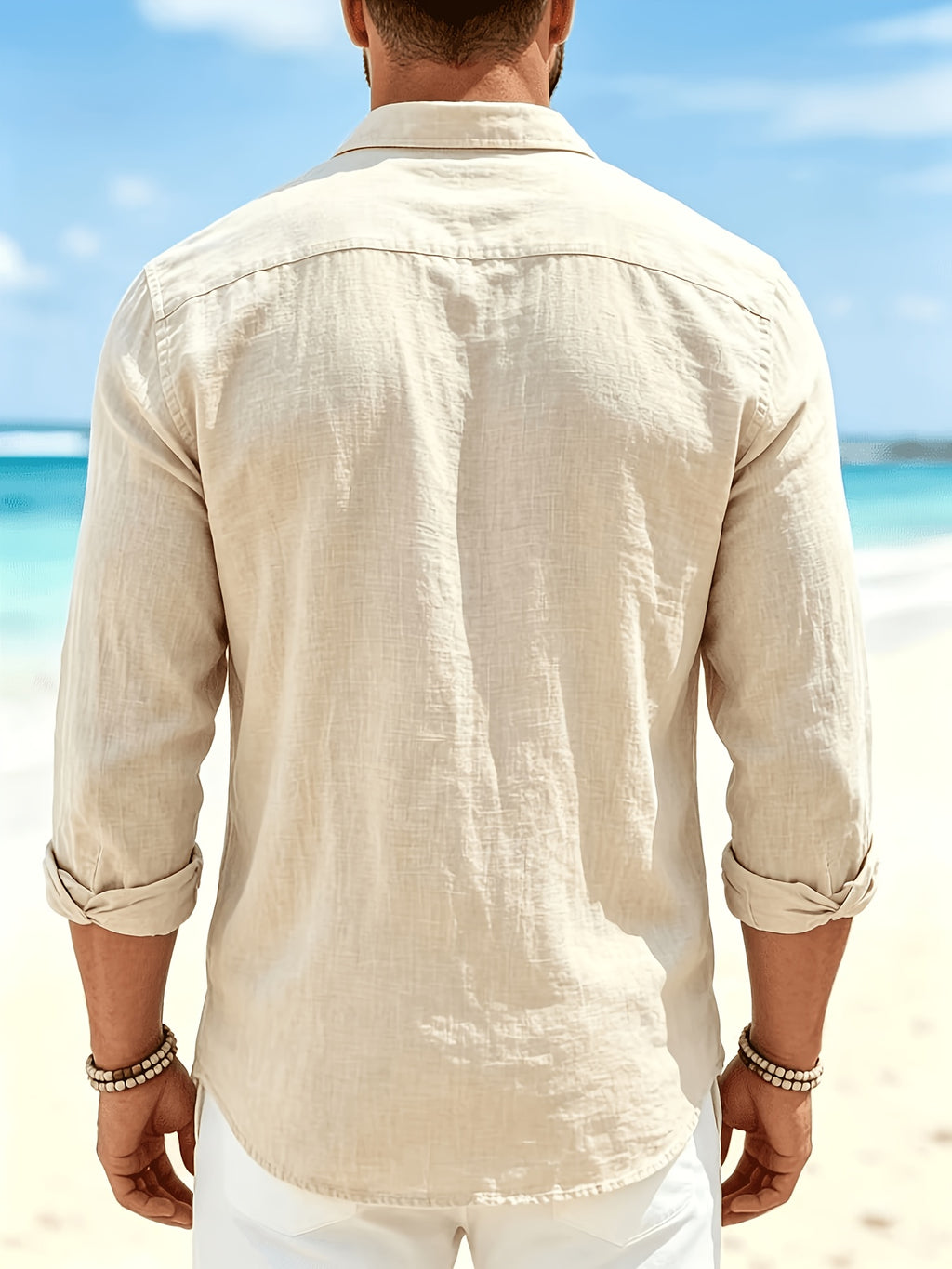 Men'S Fashion Breathable Comfortable Beach Casual Small Lapel Long Sleeve All-Season Shirt - Apricot