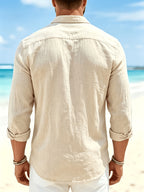 Men'S Fashion Breathable Comfortable Beach Casual Small Lapel Long Sleeve All-Season Shirt - Apricot