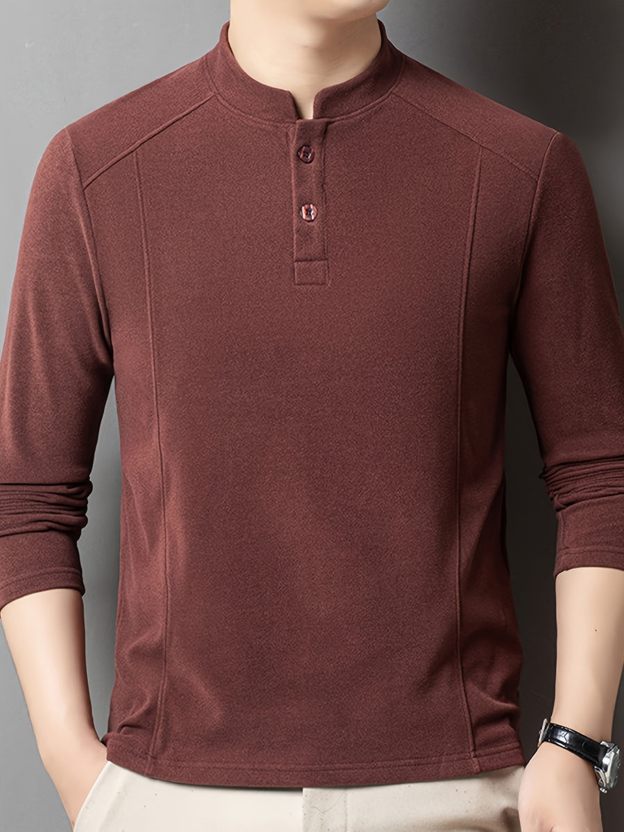 Men's Henley Neck Long Sleeve Base Layer Shirt, Slim Fit but Not Tight, Suitable for Middle-Aged Men, with a Light Business-Casual Vibe. -SINBOS - Red