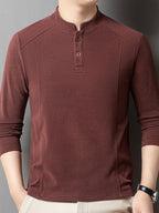 Men's Henley Neck Long Sleeve Base Layer Shirt, Slim Fit but Not Tight, Suitable for Middle-Aged Men, with a Light Business-Casual Vibe. -SINBOS - Red