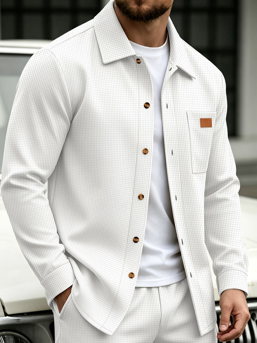 Men'S Waffle Knit Button-Up Shirt for Autumn/Winter, Lapel Pocket Long Sleeve Shirt Jacket, Casual Streetwear Loose Lightweight Casual Shirt Jacket - White