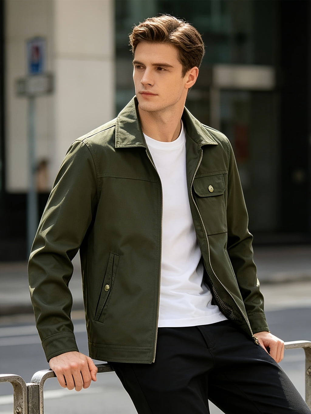Men's Vintage Military Green Bomber Jacket with Lapel Collar & Zipper Closure - Loose Fit Multi-Pocket Coat Suitable for Spring/Autumn, Casual Streetwear Outerwear, Hand Washable Retro Blazer - fern green