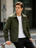 Men's Vintage Military Green Bomber Jacket with Lapel Collar & Zipper Closure - Loose Fit Multi-Pocket Coat Suitable for Spring/Autumn, Casual Streetwear Outerwear, Hand Washable Retro Blazer - fern green