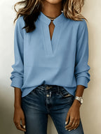 Women'S Elegant New Solid Color Minimalist Small Lapel V-Neck Long Sleeve Shirt, Women'S Top for Daily Commute, Easy And Versatile Blouse, ZLLZ - Deep Sky Blue