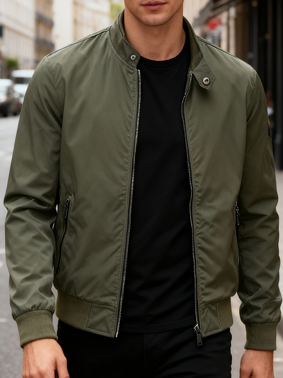 American Vintage Flight Style Stand Collar Casual Jacket - Military Green