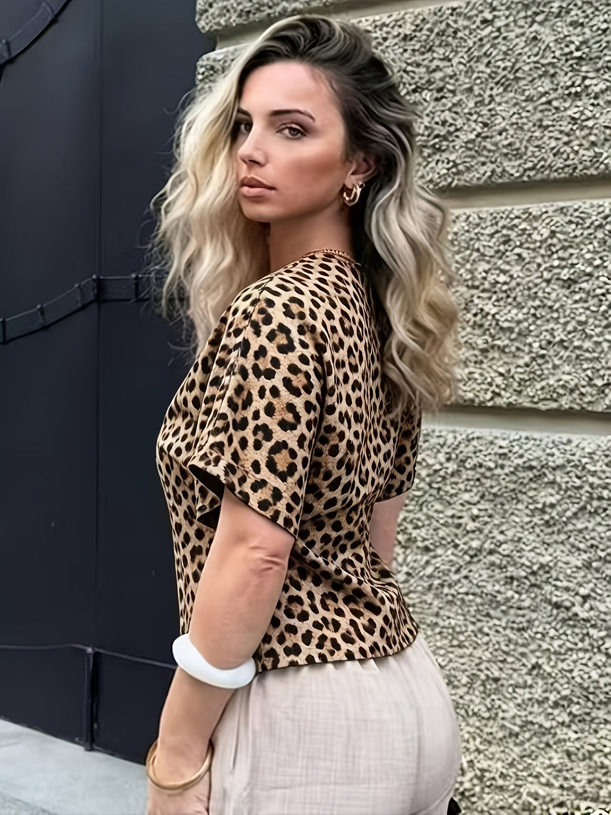 Women'S Spring Summer New French V-Neck Leopard Print Button Waist-Cinching Short Sleeve Shirt - Mixed colors