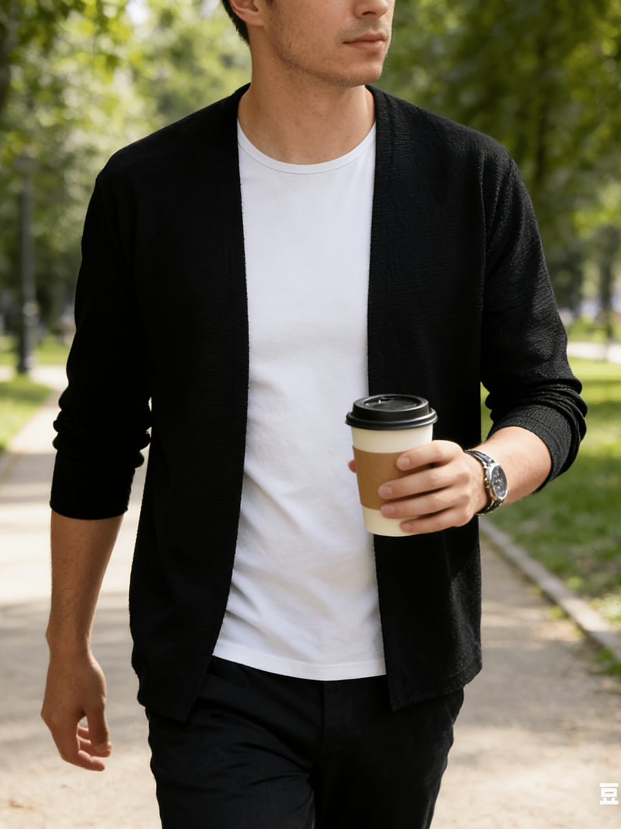 Popular Men's Waffle Knit V-Neck Cardigan, Spring/Autumn Business Casual Buttonless Outerwear, Breathable and Comfortable Knit Sweater, Slimming and Elegant Men's Outerwear, Solid Color Simple and Versatile Top, Soft, Skin-Friendly - Black